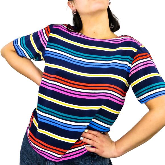 1990s Tess Vintage Rainbow Striped Silk Top with Shoulder Pads Small - Picture 1 of 4